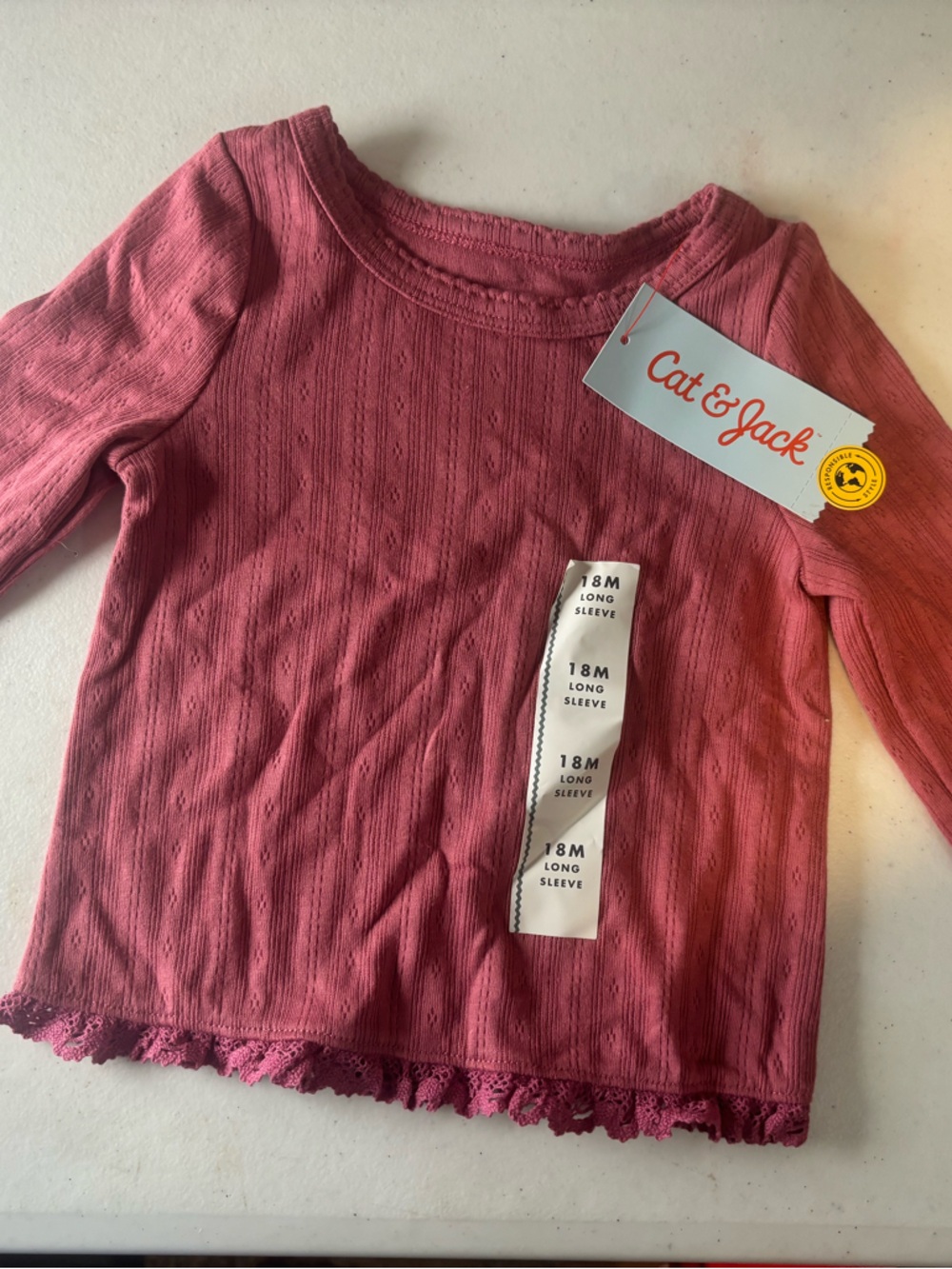 Cat & Jack Long-Sleeve Lace-Trim Ribbed Top in Rose Pink